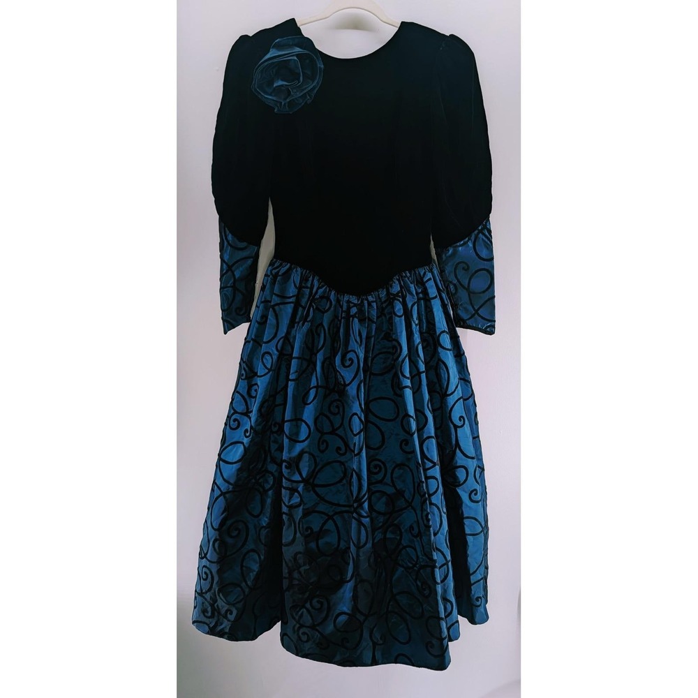 Vintage Jessica McClintock Velvet Taffeta Dress Blue Black Rose Formal Size 6